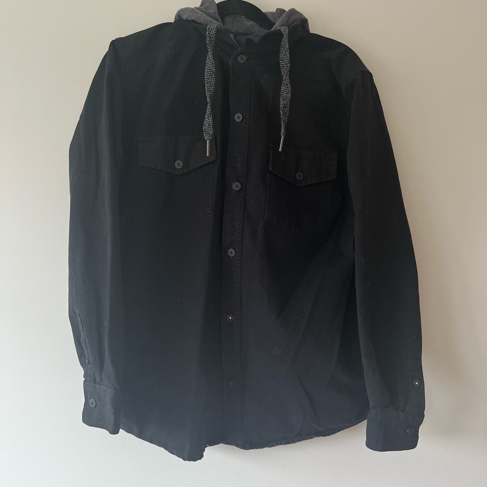 Kolby Black Hooded Shacket - 100% Cotton Button Down Jacket - Size Medium